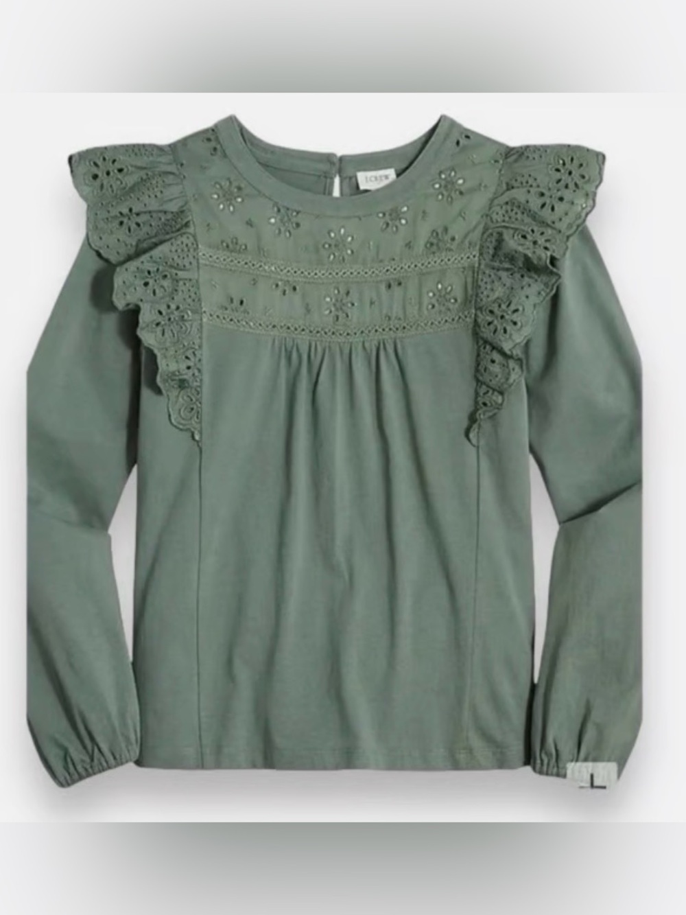 J. Crew Factory Sage Green Eyelet Ruffle Long-Sleeve Top